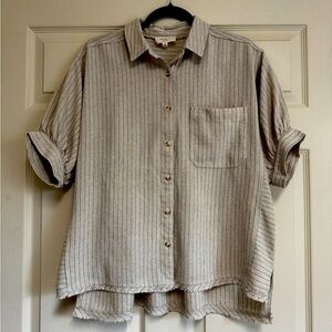 Umgee Linen Blend Oversized button-up top - Khaki / Black Stripes - Small